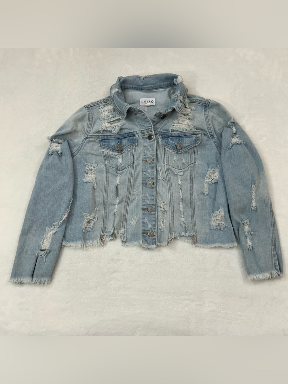 Cello Los Angeles Distressed Cropped Light Blue Denim Jean Jacket Women’s Size M